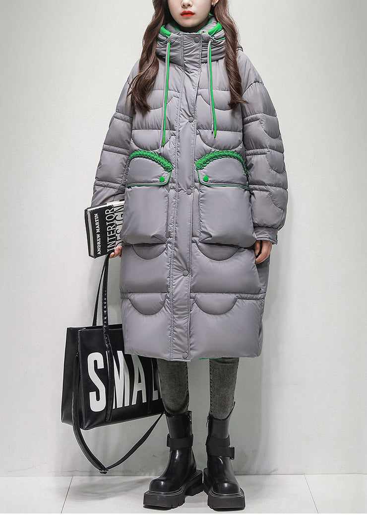 Grey Button Pockets Duck Down Winter Down Long Coat Hooded