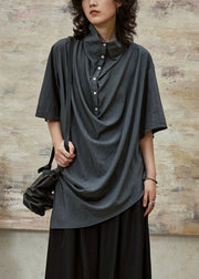 Grey Button Side Open Cotton Blouse Stand Collar Summer