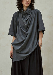 Grey Button Side Open Cotton Blouse Stand Collar Summer