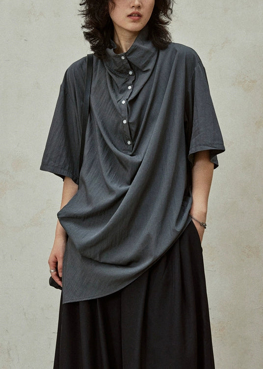 Grey Button Side Open Cotton Blouse Stand Collar Summer
