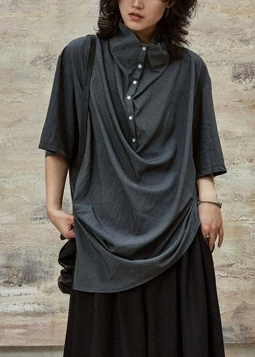 Grey Button Side Open Cotton Blouse Stand Collar Summer