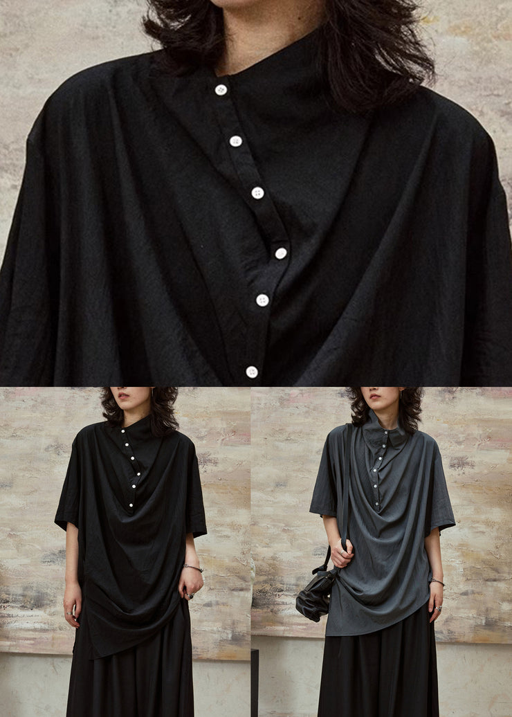 Grey Button Side Open Cotton Blouse Stand Collar Summer