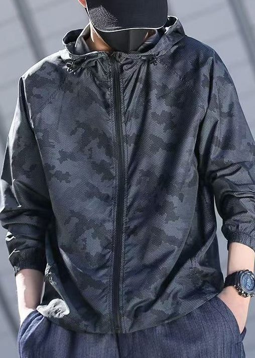Grey Camouflage Zippered Ice Silk Mens Coat Hooded Summer