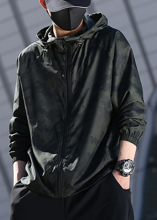 Grey Camouflage Zippered Ice Silk Mens Coat Hooded Summer