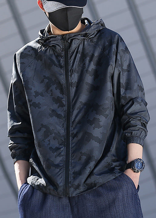 Grey Camouflage Zippered Ice Silk Mens Coat Hooded Summer