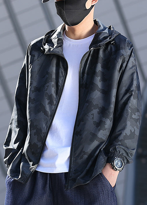 Grey Camouflage Zippered Ice Silk Mens Coat Hooded Summer