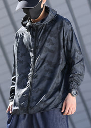 Grey Camouflage Zippered Ice Silk Mens Coat Hooded Summer