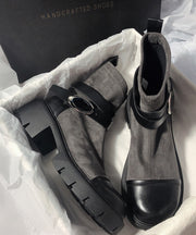 Grey Cowhide Leather Splicing Chic Suede Boots