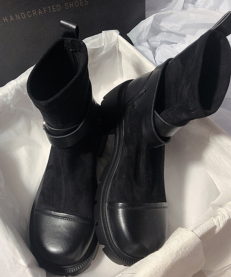 Grey Cowhide Leather Splicing Chic Suede Boots