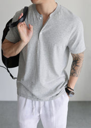 Grey Cozy Knit Men T Shirts Button Short Sleeve