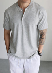 Grey Cozy Knit Men T Shirts Button Short Sleeve
