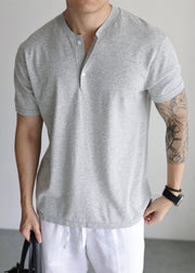 Grey Cozy Knit Men T Shirts Button Short Sleeve