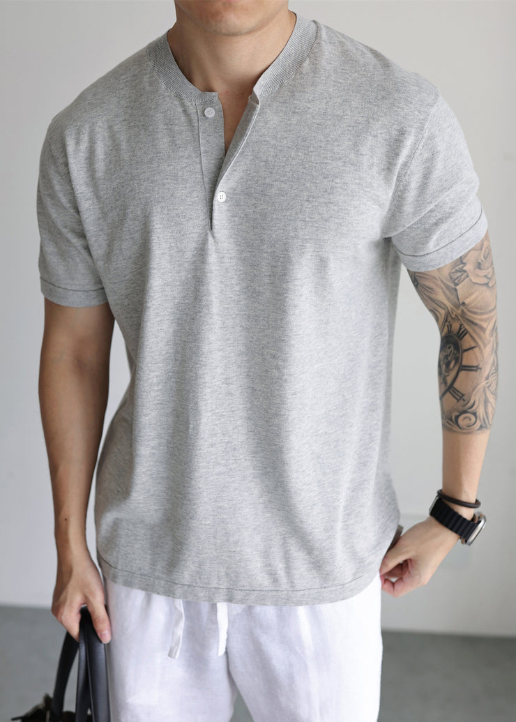 Grey Cozy Knit Men T Shirts Button Short Sleeve