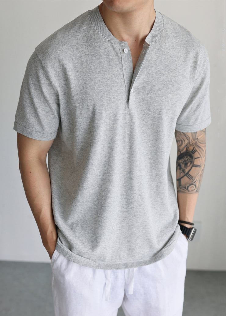 Grey Cozy Knit Men T Shirts Button Short Sleeve