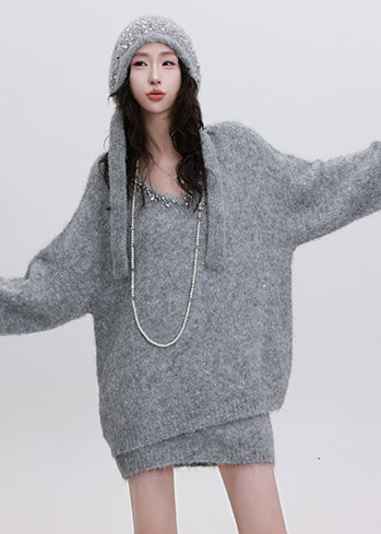 Grey Cozy Knit Two Piece Set Women Clothing Sequins Winter