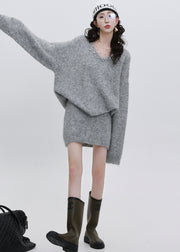 Grey Cozy Knit Two Piece Set Women Clothing Sequins Winter