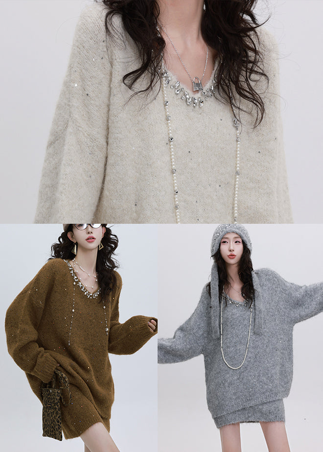 Grey Cozy Knit Two Piece Set Women Clothing Sequins Winter