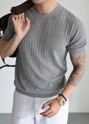 Grey Cozy Solid Knit Summer Mens T Shirt O Neck