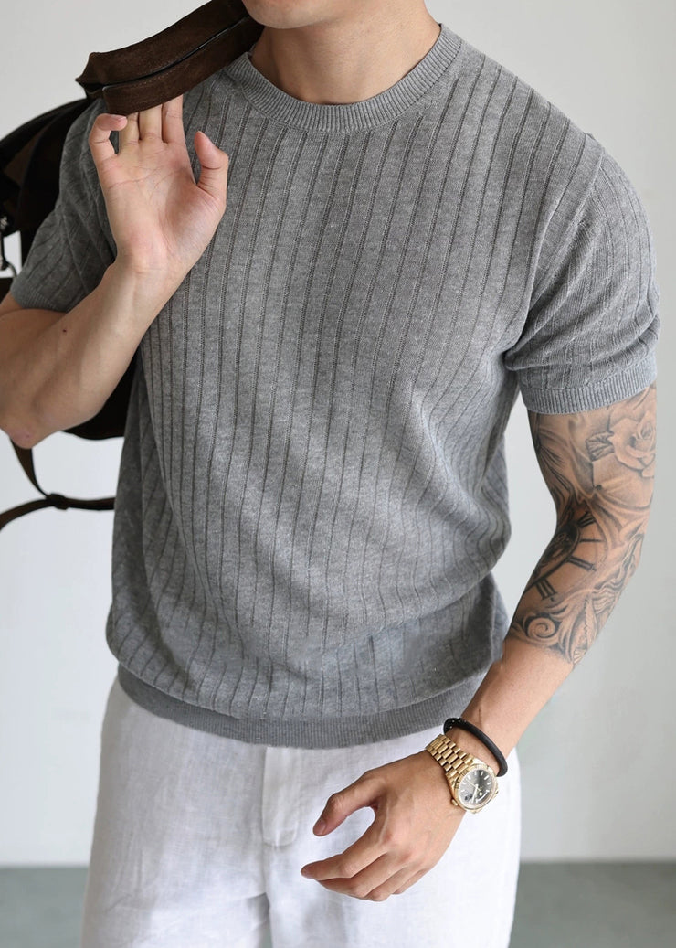 Grey Cozy Solid Knit Summer Mens T Shirt O Neck