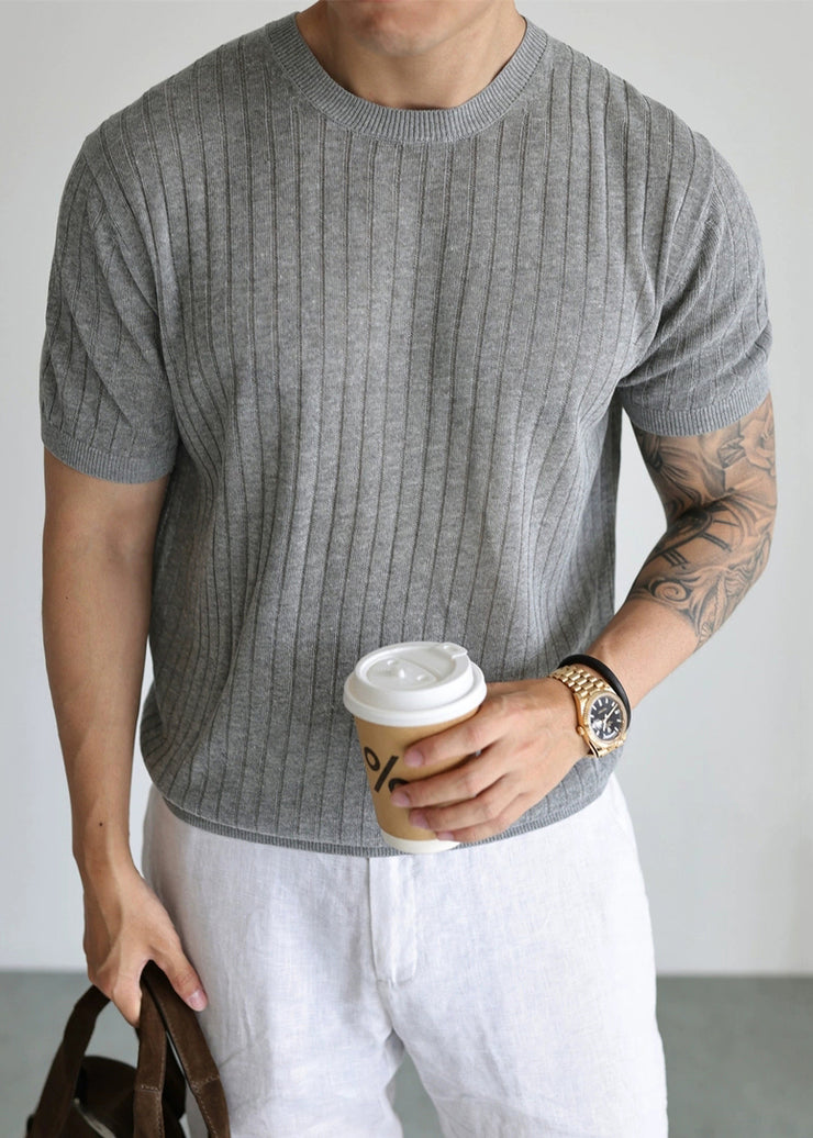 Grey Cozy Solid Knit Summer Mens T Shirt O Neck