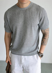 Grey Cozy Solid Knit Summer Mens T Shirt O Neck