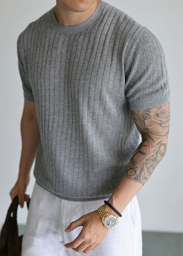 Grey Cozy Solid Knit Summer Mens T Shirt O Neck