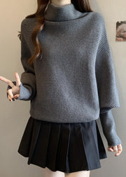 Grey Cozy Thick Knit Pullover Turtleneck Batwing Sleeve