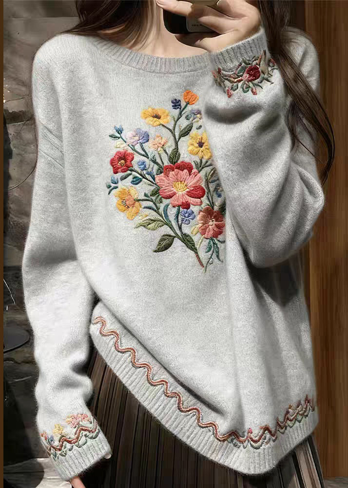 Grey Floral Cozy Knit Sweater O-Neck Fall