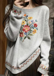 Grey Floral Cozy Knit Sweater O-Neck Fall