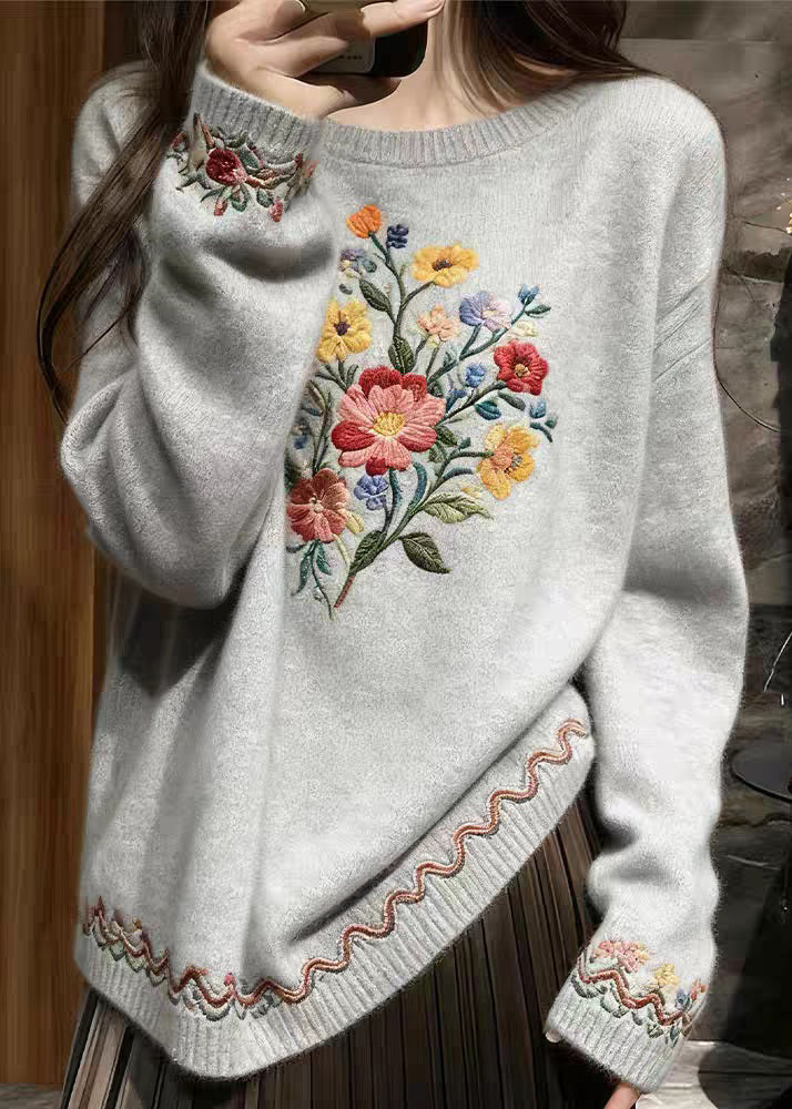 Grey Floral Cozy Knit Sweater O-Neck Fall