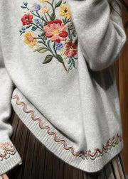 Grey Floral Cozy Knit Sweater O-Neck Fall