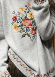 Grey Floral Cozy Knit Sweater O-Neck Fall
