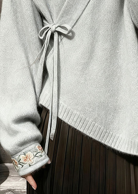 Grey FloralLace Up Knit Sweaters V Neck Fall