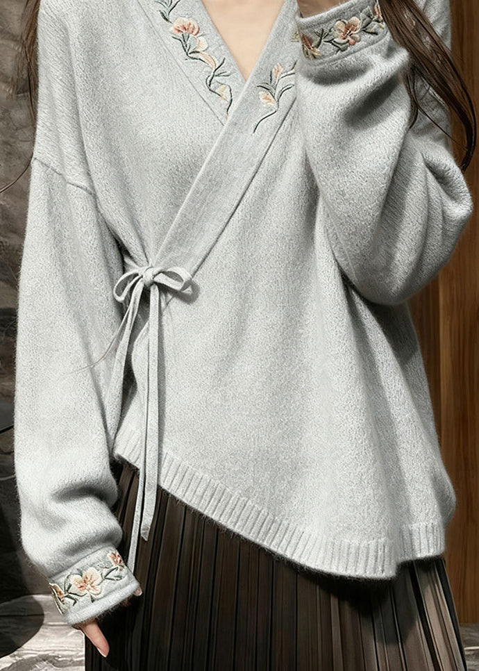 Grey FloralLace Up Knit Sweaters V Neck Fall