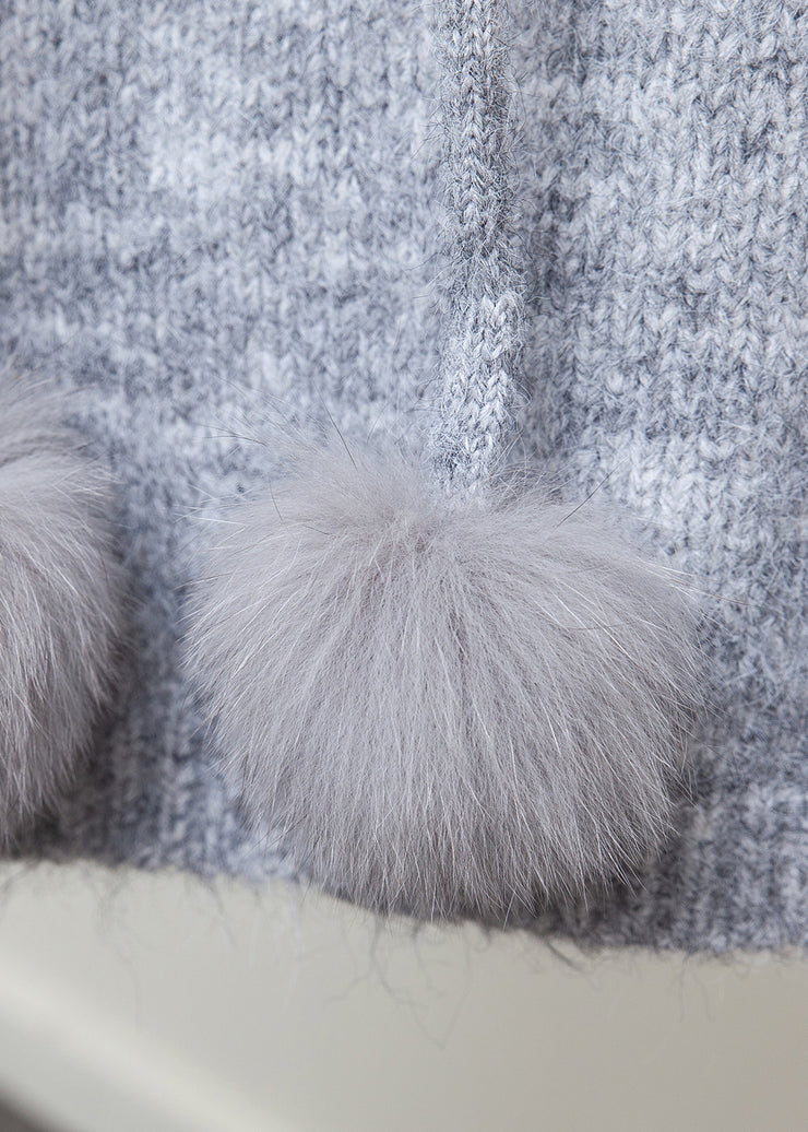 Grey Fox Collar Patchwork Knit Winter Sweater Hooded