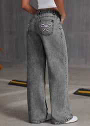 Grey High Waist Solid Wide Leg Denim Pant