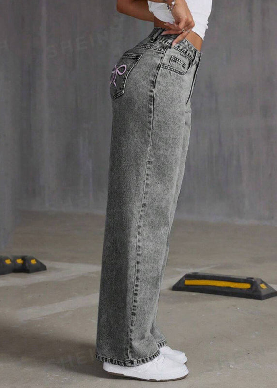 Grey High Waist Solid Wide Leg Denim Pant
