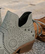 Grey Hollow Out Lace Up Faux Leather Simple Chunky Boots