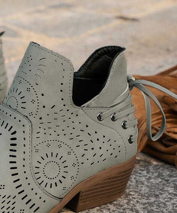 Grey Hollow Out Lace Up Faux Leather Simple Chunky Boots