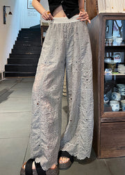 Grey Hollow Out Straight Pants Trousers Embroidered Summer