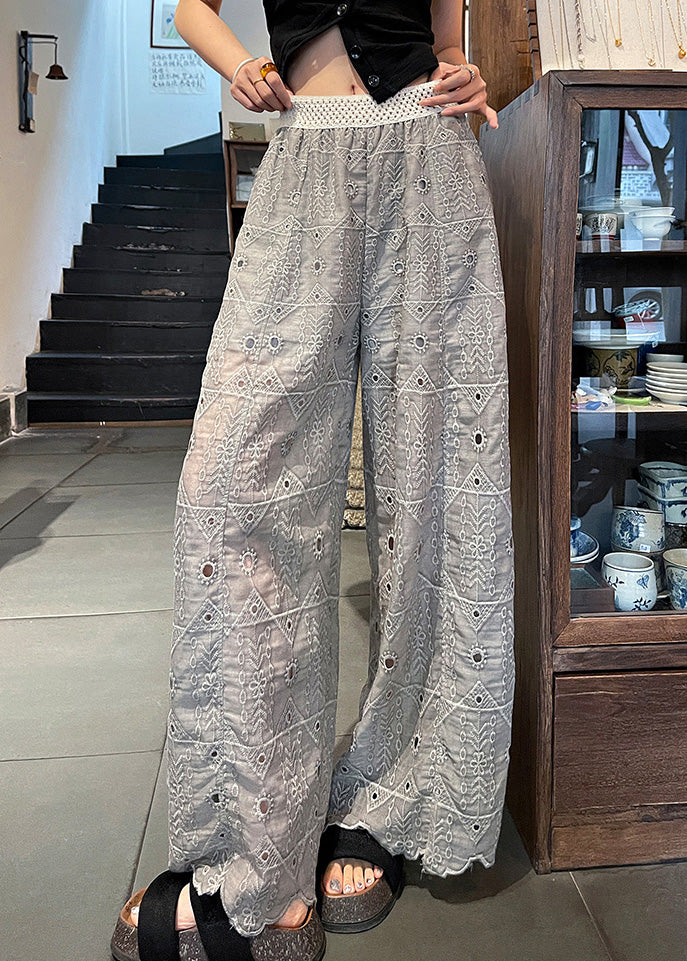 Grey Hollow Out Straight Pants Trousers Embroidered Summer