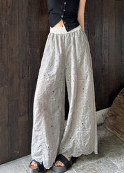 Grey Hollow Out Straight Pants Trousers Embroidered Summer