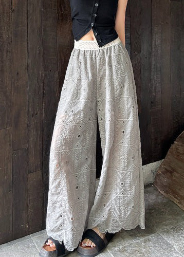 Grey Hollow Out Straight Pants Trousers Embroidered Summer