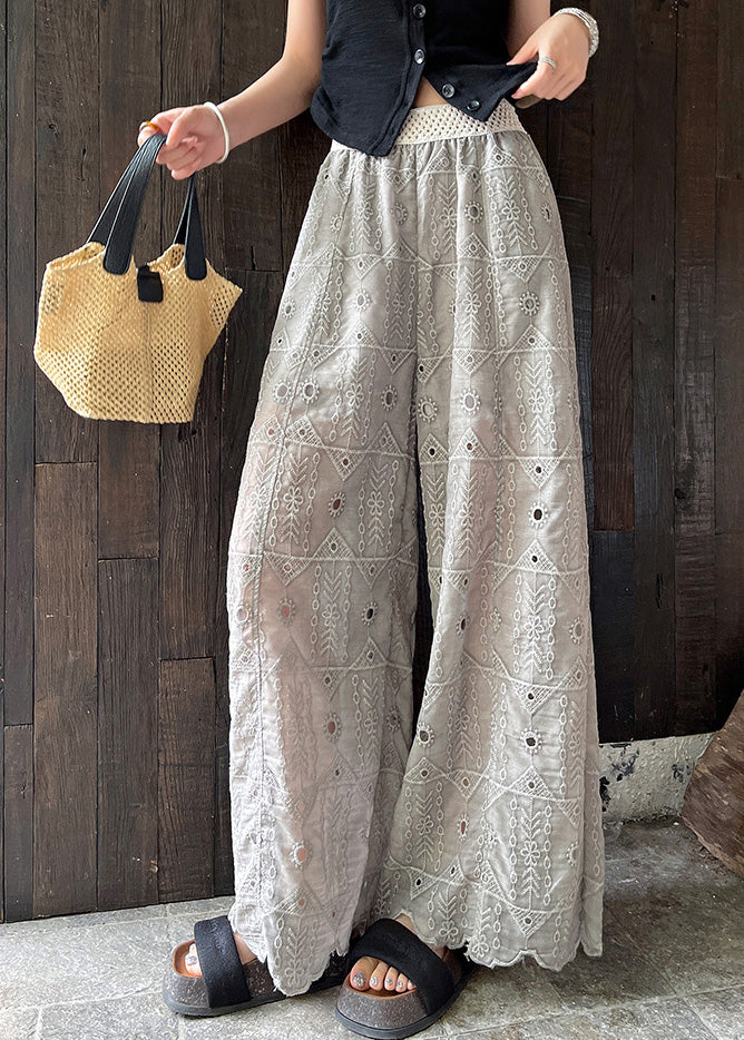 Grey Hollow Out Straight Pants Trousers Embroidered Summer