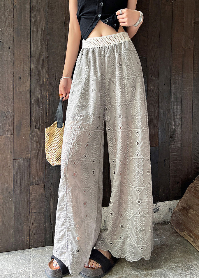Grey Hollow Out Straight Pants Trousers Embroidered Summer