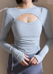 Grey Hollow Out Tie Waist Yoga Top