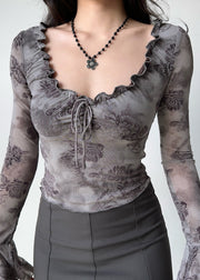 Grey Lace Up Cotton Flare Sleeve T Shirt Tops Ruffled