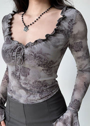 Grey Lace Up Cotton Flare Sleeve T Shirt Tops Ruffled