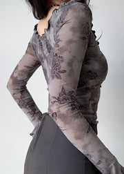 Grey Lace Up Cotton Flare Sleeve T Shirt Tops Ruffled