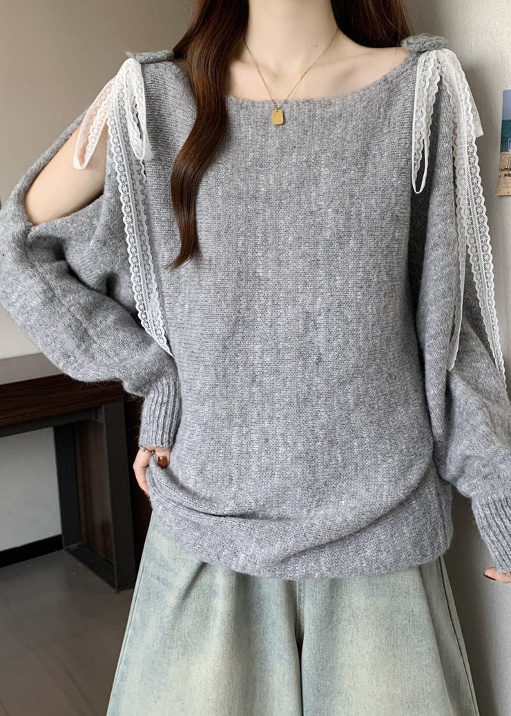 Grey Lace Up Cozy Patchwork Loose Knit Sweater Hollow Out